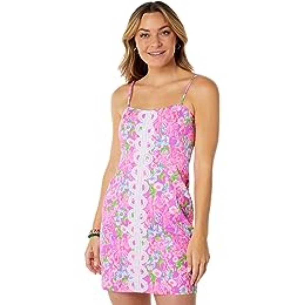 LILLY PULITZER SHELLI DRESS FITTED sheath floral blue& pink  6 8 10  lace trim